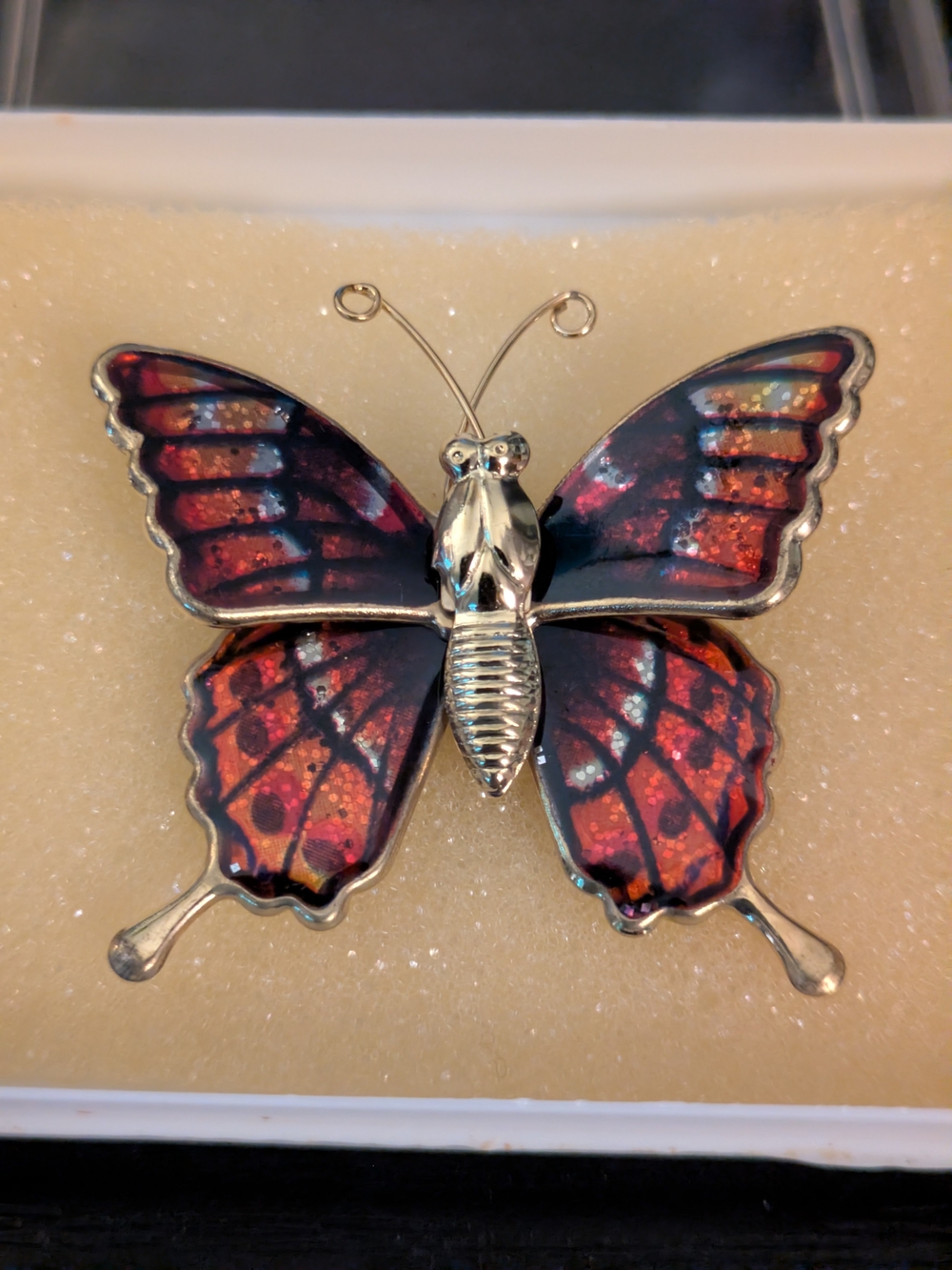 Silver Butterfly Brooch in Red and Black